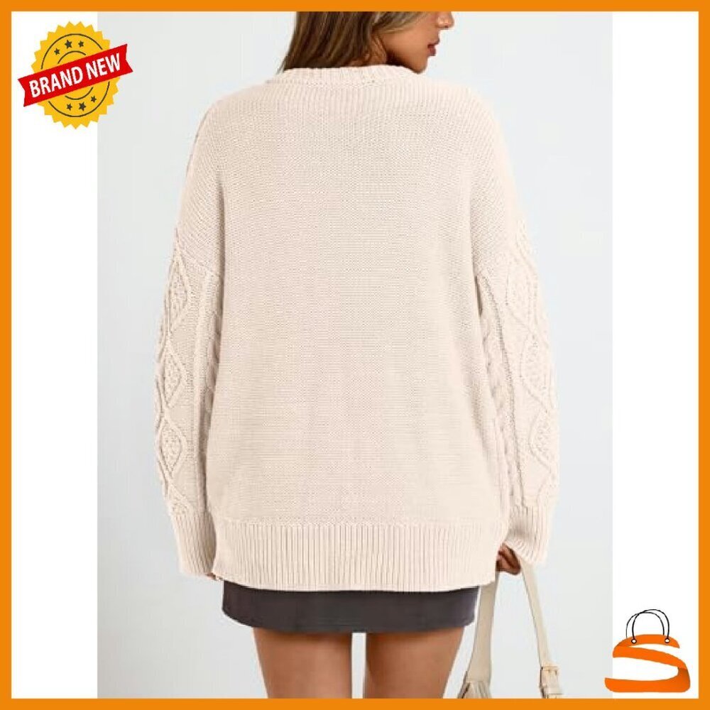 Oversized Cable Knit Crewneck Sweater, 40% Acrylic 60% Cotton, Cozy Winter - Picture 5 of 7